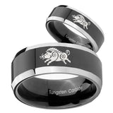 His Hers Wild Boar Beveled Glossy Black 2 Tone Tungsten Engraving Ring Set