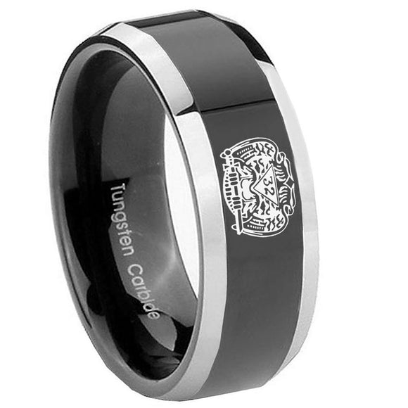 8mm Masonic 32 Degree Freemason Beveled Edges Glossy Black 2 Tone Tungsten Carbide Anniversary Ring