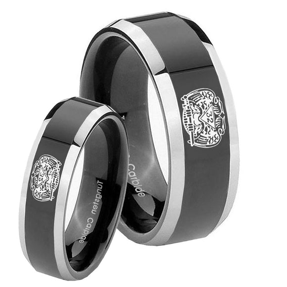 His Hers Masonic 32 Degree Freemason Beveled Glossy Black 2 Tone Tungsten Men's Promise Rings Set