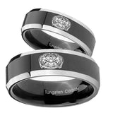 His Hers Masonic 32 Degree Freemason Beveled Glossy Black 2 Tone Tungsten Men's Promise Rings Set