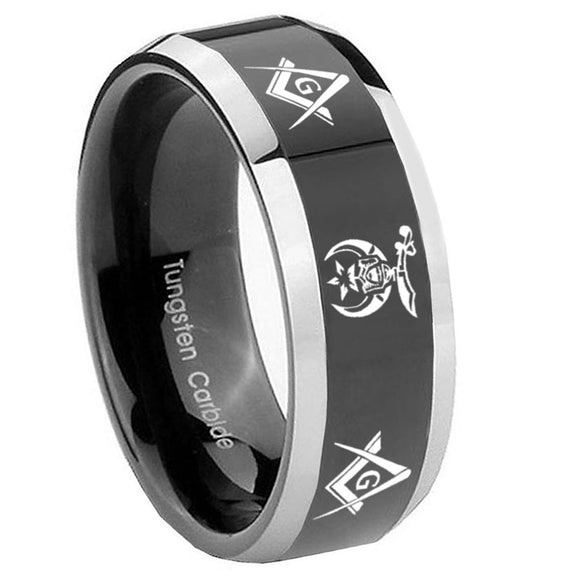 10mm Masonic Shriners Beveled Edges Glossy Black 2 Tone Tungsten Engraved Ring