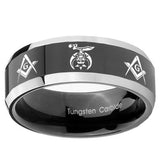 10mm Masonic Shriners Beveled Edges Glossy Black 2 Tone Tungsten Engraved Ring