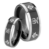 His Hers Masonic Shriners Beveled Glossy Black 2 Tone Tungsten Mens Band Set