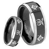 8mm Masonic Shriners Beveled Glossy Black 2 Tone Tungsten Mens Ring Engraved