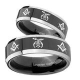 His Hers Masonic Shriners Beveled Glossy Black 2 Tone Tungsten Mens Band Set