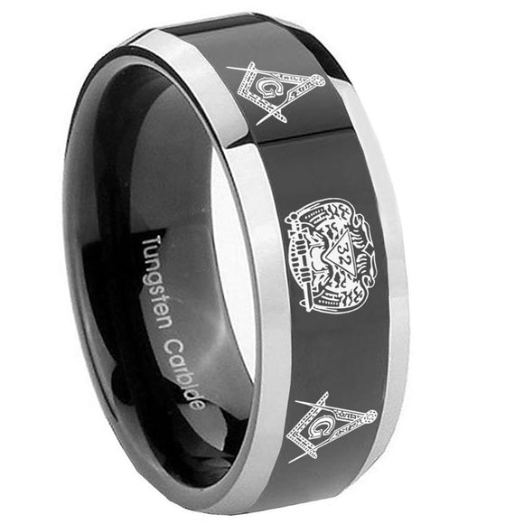 8mm Masonic 32 Design Beveled Edges Glossy Black 2 Tone Tungsten Mens Promise Ring