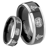 8mm Masonic 32 Design Beveled Edges Glossy Black 2 Tone Tungsten Mens Promise Ring