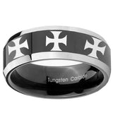 10mm Multiple Maltese Cross Beveled Glossy Black 2 Tone Tungsten Mens Ring