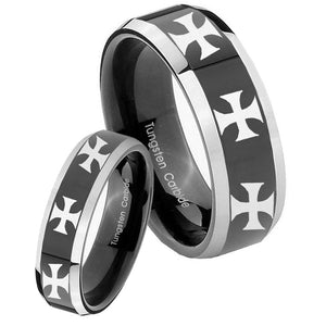 His Hers Multiple Maltese Cross Beveled Glossy Black 2 Tone Tungsten Mens Band Set