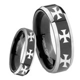 8mm Multiple Maltese Cross Beveled Glossy Black 2 Tone Tungsten Men's Band Ring