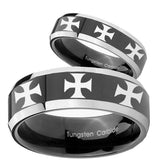 His Hers Multiple Maltese Cross Beveled Glossy Black 2 Tone Tungsten Mens Band Set