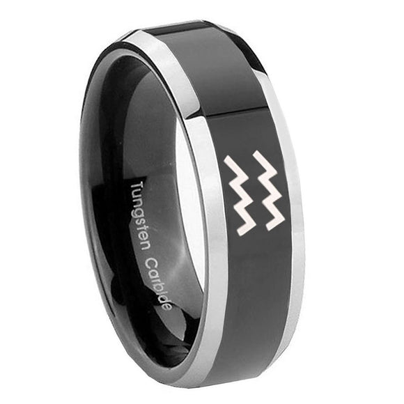 8mm Aquarius Horoscope Beveled Glossy Black 2 Tone Tungsten Personalized Ring