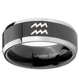 10mm Aquarius Horoscope Beveled Glossy Black 2 Tone Tungsten Rings for Men