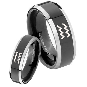 His Hers Aquarius Horoscope Beveled Glossy Black 2 Tone Tungsten Rings for Men Set