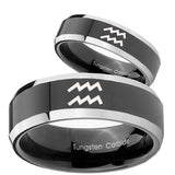 His Hers Aquarius Horoscope Beveled Glossy Black 2 Tone Tungsten Rings for Men Set