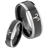 His Hers Aries Zodiac Beveled Glossy Black 2 Tone Tungsten Wedding Band Mens Set