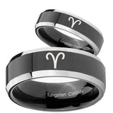 His Hers Aries Zodiac Beveled Glossy Black 2 Tone Tungsten Wedding Band Mens Set