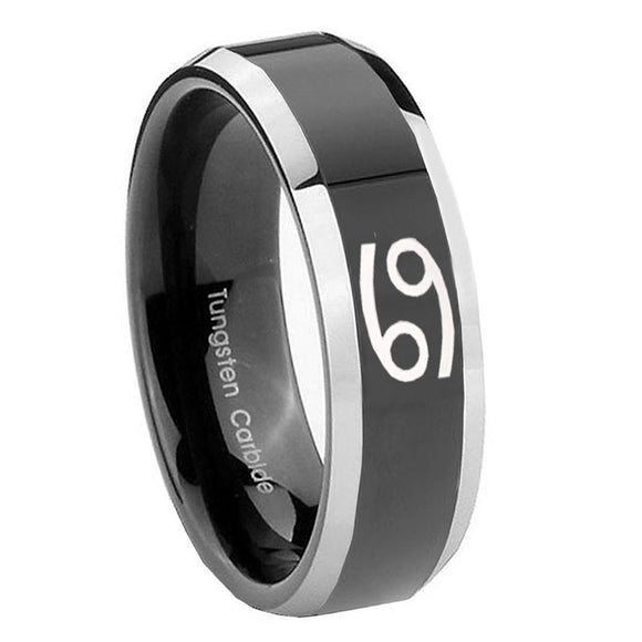 10mm Cancer Horoscope Beveled Glossy Black 2 Tone Tungsten Men's Engagement Ring