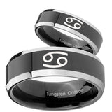 His Hers Cancer Horoscope Beveled Glossy Black 2 Tone Tungsten Rings Set