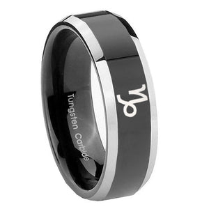 10mm Capricorn Zodiac Beveled Glossy Black 2 Tone Tungsten Mens Promise Ring