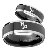 His Hers Capricorn Zodiac Beveled Glossy Black 2 Tone Tungsten Mens Ring Set