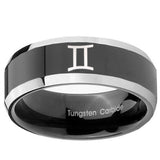 10mm Gemini Zodiac Beveled Glossy Black 2 Tone Tungsten Men's Promise Rings