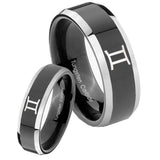 His Hers Gemini Zodiac Beveled Glossy Black 2 Tone Tungsten Wedding Ring Set