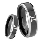 8mm Gemini Zodiac Beveled Edges Glossy Black 2 Tone Tungsten Wedding Band Ring