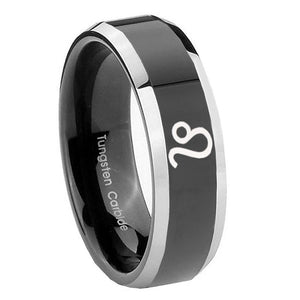 10mm Leo Zodiac Beveled Edges Glossy Black 2 Tone Tungsten Carbide Mens Ring