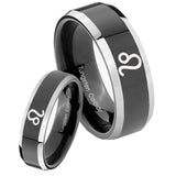 His Hers Leo Zodiac Beveled Glossy Black 2 Tone Tungsten Engraving Ring Set