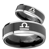 His Hers Libra Horoscope Beveled Glossy Black 2 Tone Tungsten Men Ring Set