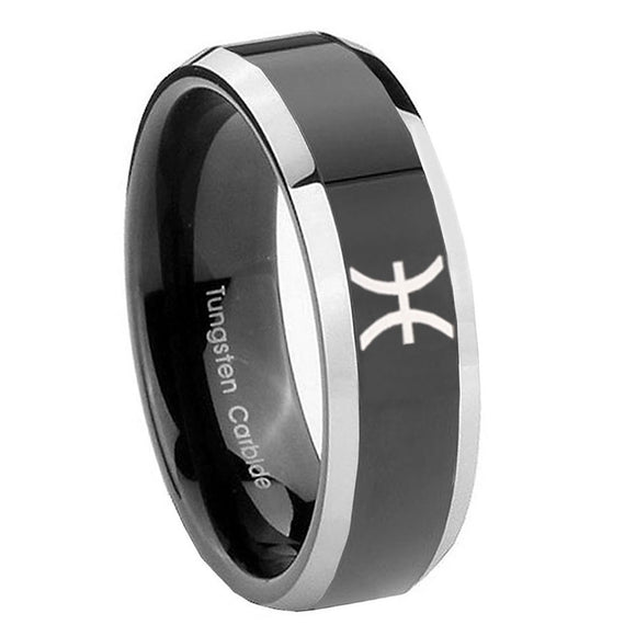 10mm Pisces Zodiac Beveled Glossy Black 2 Tone Tungsten Mens Ring Engraved
