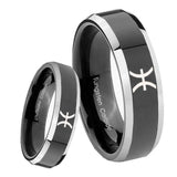 8mm Pisces Zodiac Beveled Glossy Black 2 Tone Tungsten Wedding Engraving Ring