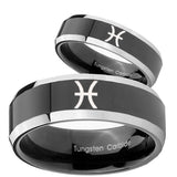 His Hers Pisces Zodiac Beveled Edges Glossy Black 2 Tone Tungsten Bands Ring Set