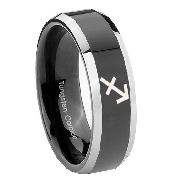 10mm Sagittarius Zodiac Beveled Glossy Black 2 Tone Tungsten Custom Ring for Men