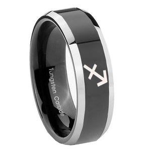 8mm Sagittarius Zodiac Beveled Glossy Black 2 Tone Tungsten Anniversary Ring