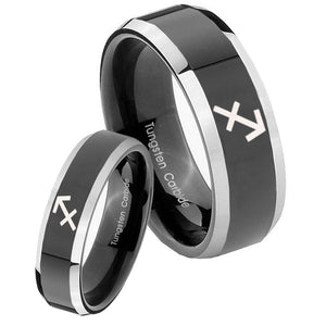 His Hers Sagittarius Zodiac Beveled Glossy Black 2 Tone Tungsten Custom Mens Ring Set