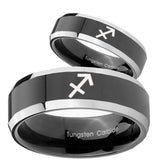 His Hers Sagittarius Zodiac Beveled Glossy Black 2 Tone Tungsten Custom Mens Ring Set