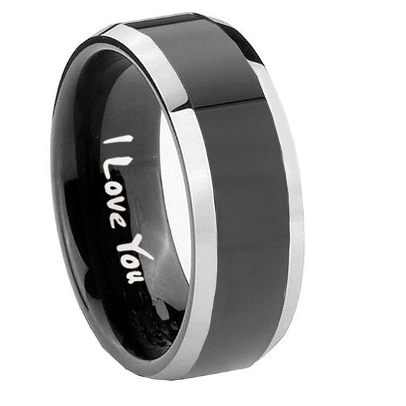 10mm I Love You Beveled Edges Glossy Black 2 Tone Tungsten Carbide Mens Ring