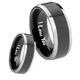 His Hers I Love You Beveled Glossy Black 2 Tone Tungsten Men's Band Set