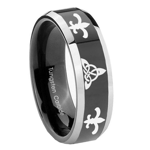 10mm Celtic Triangle Fleur De Lis Beveled Glossy Black 2 Tone Tungsten Men's Ring