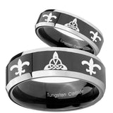 His Hers Celtic Triangle Fleur De Lis Beveled Glossy Black 2 Tone Tungsten Mens Ring Set