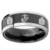 10mm Marine Army Sergeant Beveled Edges Glossy Black 2 Tone Tungsten Engraved Ring