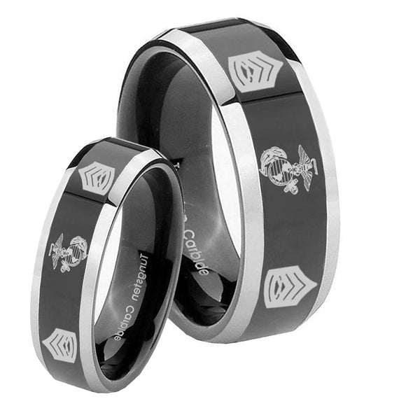 His Hers Marine Army Sergeant Beveled Glossy Black 2 Tone Tungsten Anniversary Ring Set