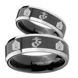 His Hers Marine Army Sergeant Beveled Glossy Black 2 Tone Tungsten Anniversary Ring Set