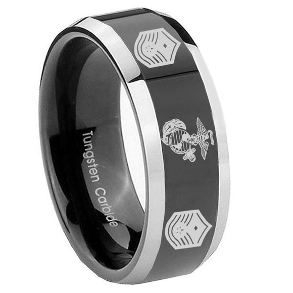 8mm Marine Chief Master Sergeant  Beveled Glossy Black 2 Tone Tungsten Mens Bands Ring
