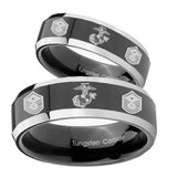 His Hers Marine Chief Master Sergeant  Beveled Glossy Black 2 Tone Tungsten Bands Ring Set