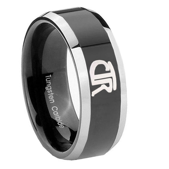 10mm CTR Beveled Edges Glossy Black 2 Tone Tungsten Carbide Mens Ring Engraved