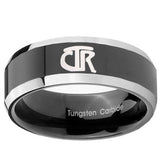 10mm CTR Beveled Edges Glossy Black 2 Tone Tungsten Carbide Mens Ring Engraved