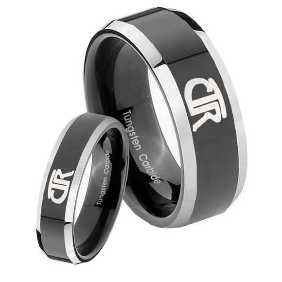 His Hers CTR Beveled Edges Glossy Black 2 Tone Tungsten Men's Ring Set